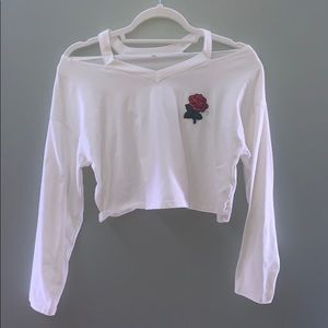 Rose embroidered long sleeve crop top